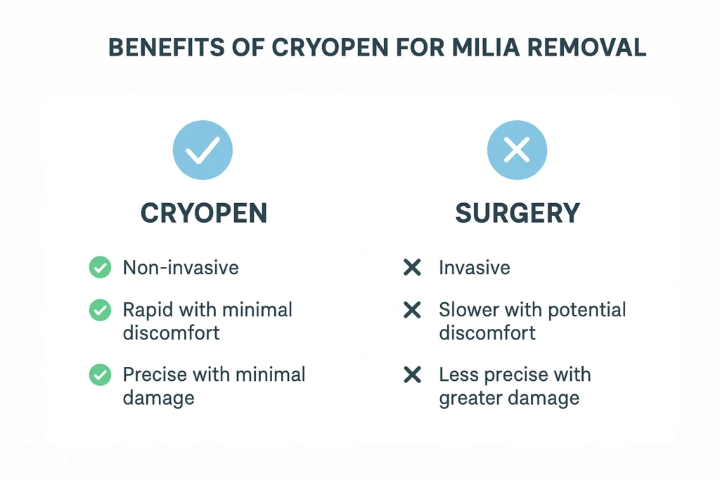 Benefits of cryopen for milia removal Southgate compared to surgical treatments.