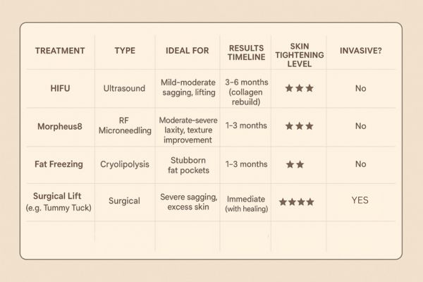 Table showing the comparisons of Skin tightening Southgate treatment options.